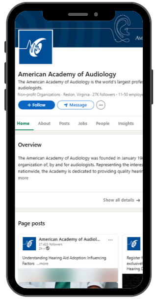 Screenshot of the Facebook page for the American Academy of Audiology, including the logo, a cover photo, and posts about audiology topics.