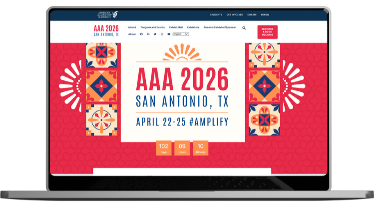 Screen showing the 2026 American Academy of Audiology Medicine conference in San Antonio, Texas, scheduled for April 22-25 with a hashtag #AMPLIFY.