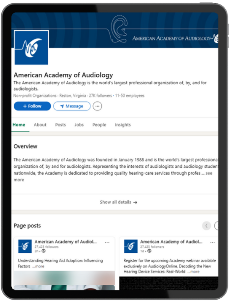 Screenshot of the American Academy of Audiology's LinkedIn social media page, showing the organization's logo, header, navigation tabs, and recent posts.