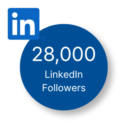 LinkedIn logo with text indicating 28,000 followers