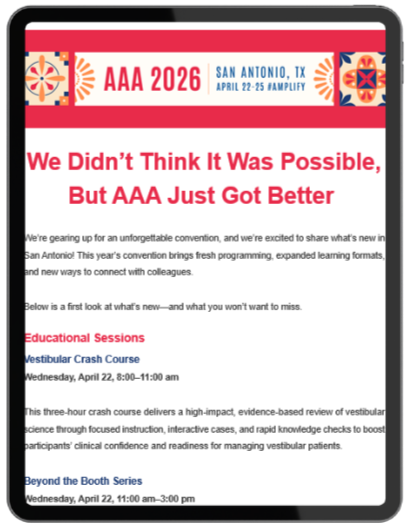 Screenshot of a conference email for AAA 2026 in San Antonio, Texas, April 22-25, featuring sessions on vestibular crash course and beyond the booth series.