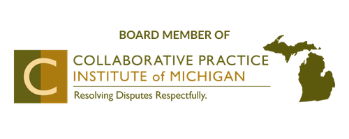 Logo for the Board Member of Collaborative Practice Institute of Michigan with text 'Resolving Disputes Respectfully' and an outline of Michigan with a bird flying above.
