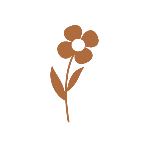 Simple illustration of a brown flower with five petals, a black center, two leaves, and a stem.
