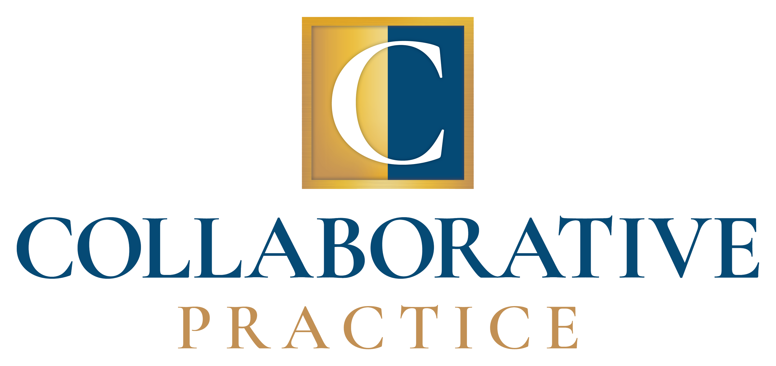 Logo with a large letter C inside a square divided into two colors, gold and navy blue, above the words 'Collaborative Practice' in blue and gold letters.