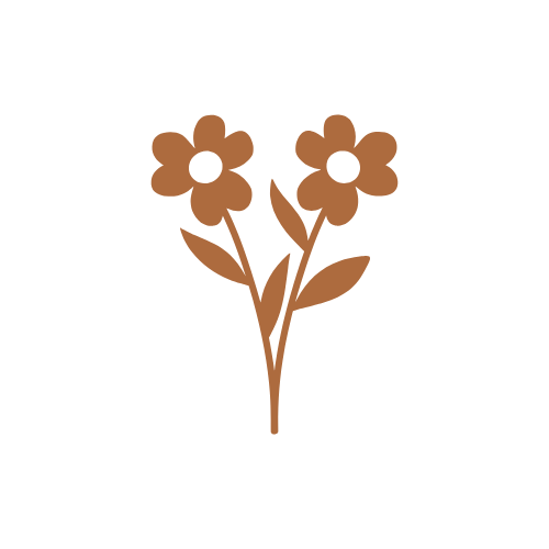 Brown flower illustration with two flowers, leaves, and a stem.
