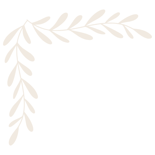 White botanical illustration of a leafy branch curved around the top left corner of a black background.