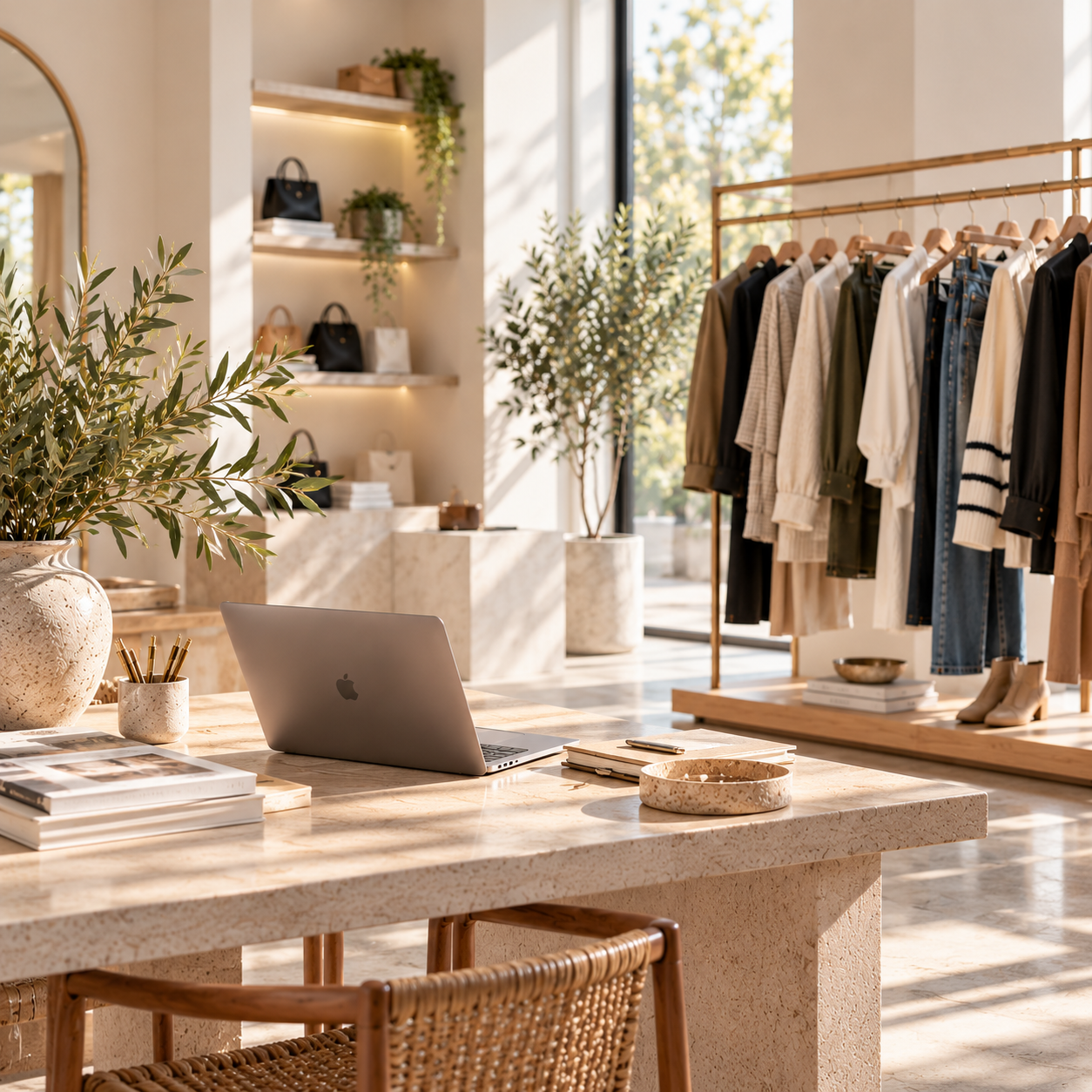 Modern boutique clothing store with a table holding a laptop, magazines, and stationery, large leafy plants, clothing racks with various garments, and wooden shelves with handbags and decorative decor, illuminated with natural sunlight.