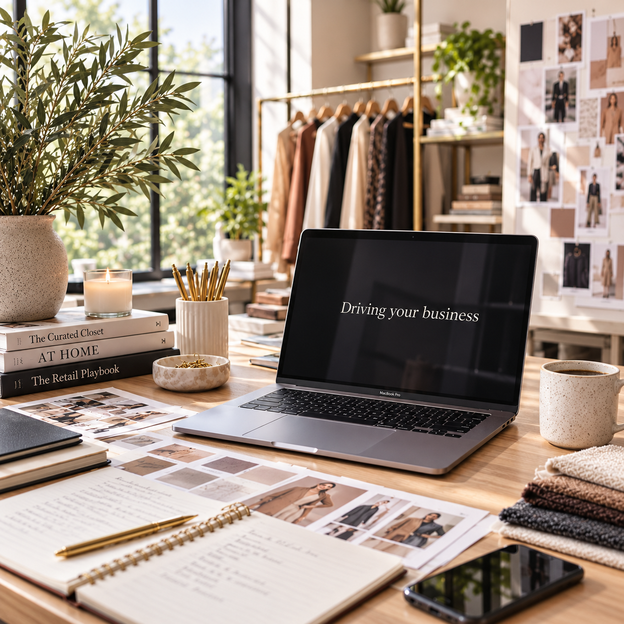 A workspace with a MacBook Pro displaying the text 'Driving your business,' surrounded by a potted plant, candles, books, pens, fabric swatches, clothing photos, and a mug, with clothes hanging on a rack and fashion images on the wall in the background.
