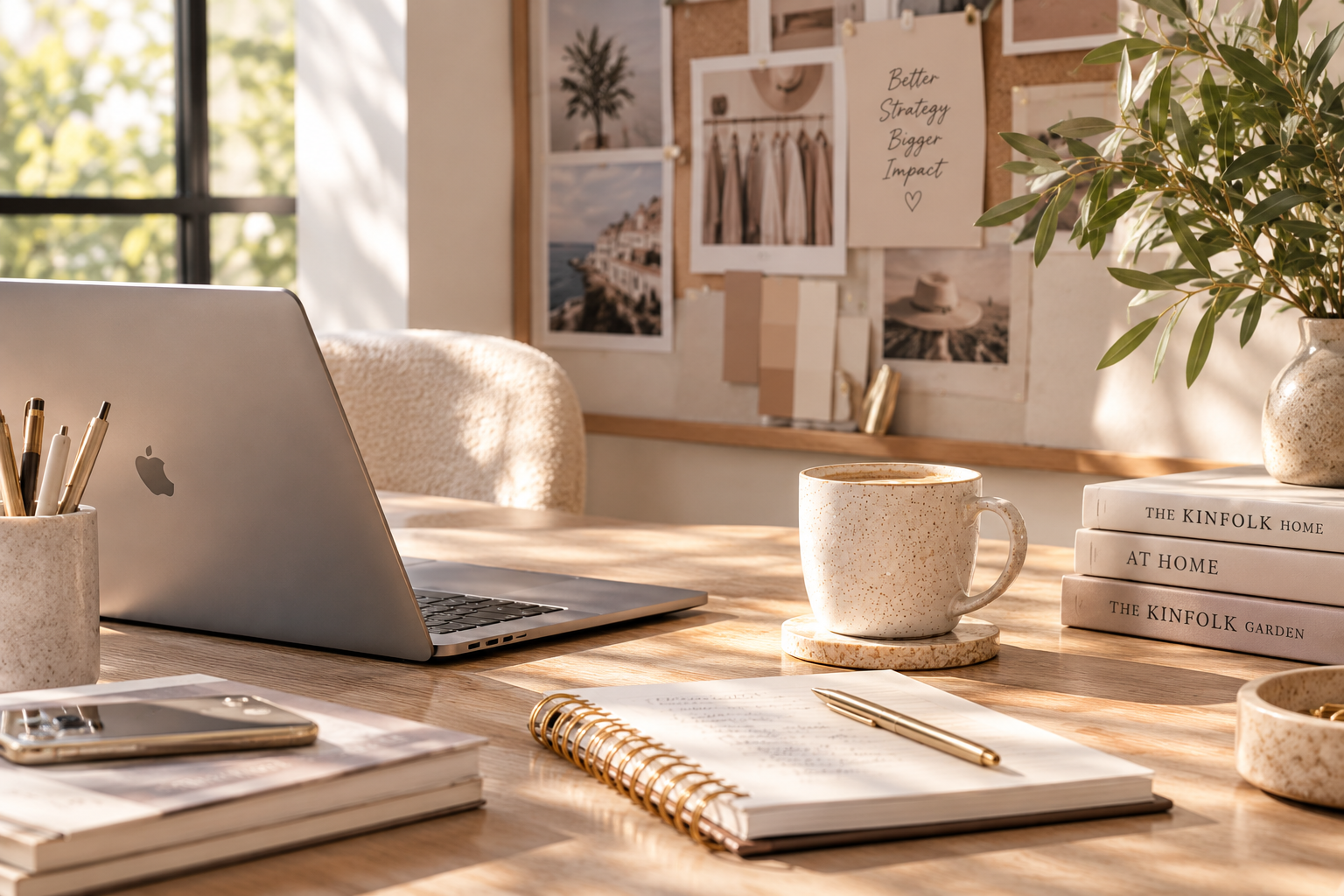 A home office workspace with a laptop, notebooks, a coffee mug, a pen, and a small potted plant on a wooden desk, sunlight coming through a window, and a corkboard with photos and notes in the background.