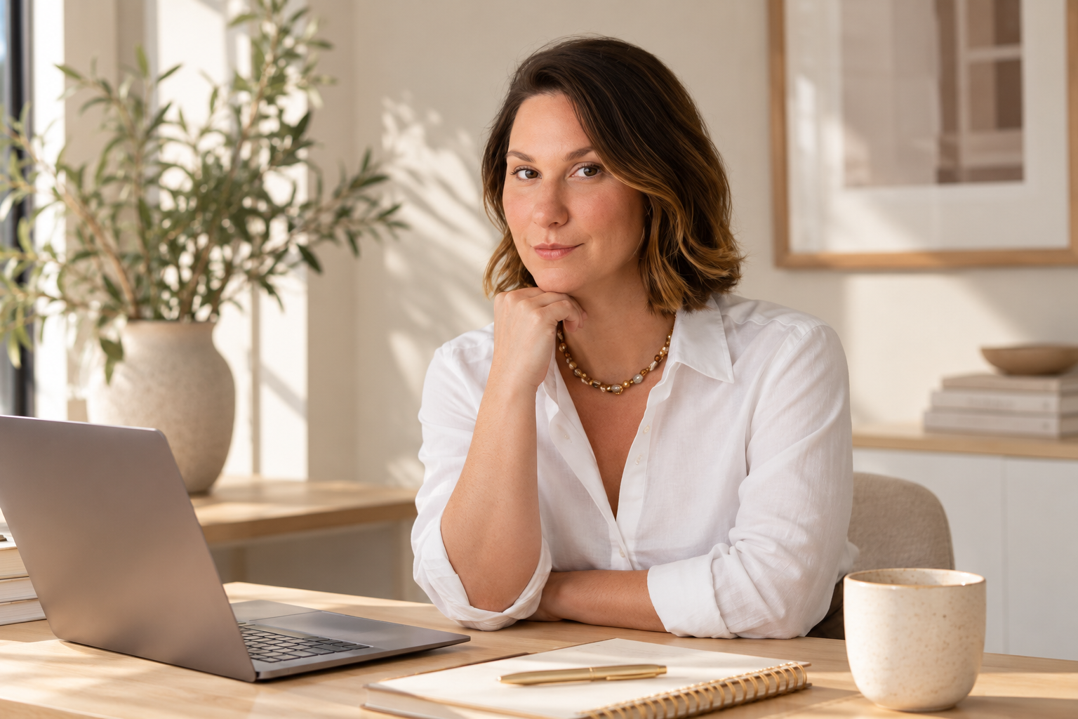 A woman with shoulder-length brown hair sitting at a desk, resting her chin on her hand, in an office with natural light, a laptop, a notebook, a pen, a coffee mug, and green plant in background.