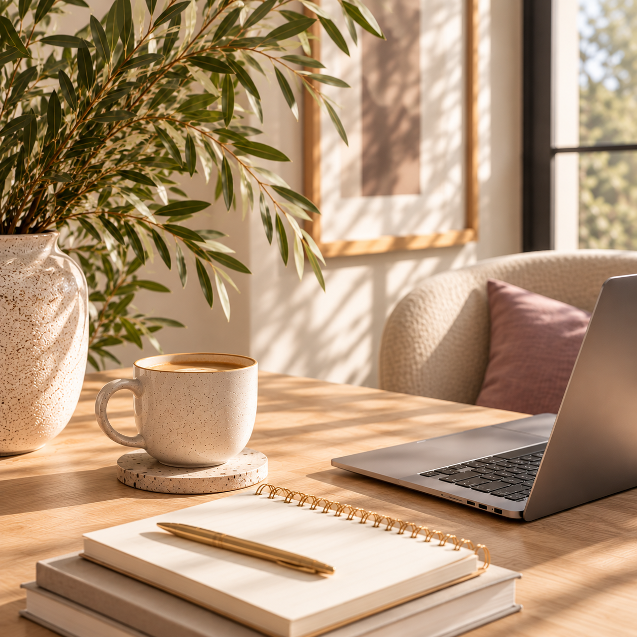 A cozy workspace with a wooden desk, a potted plant, a coffee mug on a coaster, a closed laptop, a spiral notebook with a pen, and a cushioned chair with a pillow near a window with sunlight.