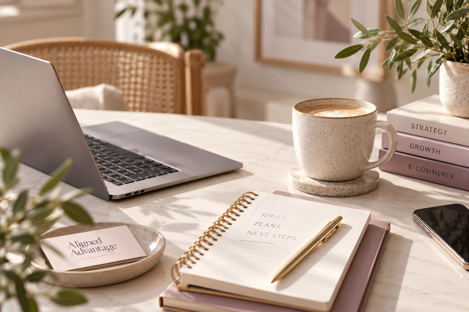 A workspace with a laptop, a notebook labeled 'Ideas, Plans, Next Steps,' a gold pen, a cup of coffee on a coaster, a smartphone, and a stack of three books titled 'Strategy,' 'Growth,' and 'E-Commerce' on a white marble table, with potted plants and a wicker chair in the background.
