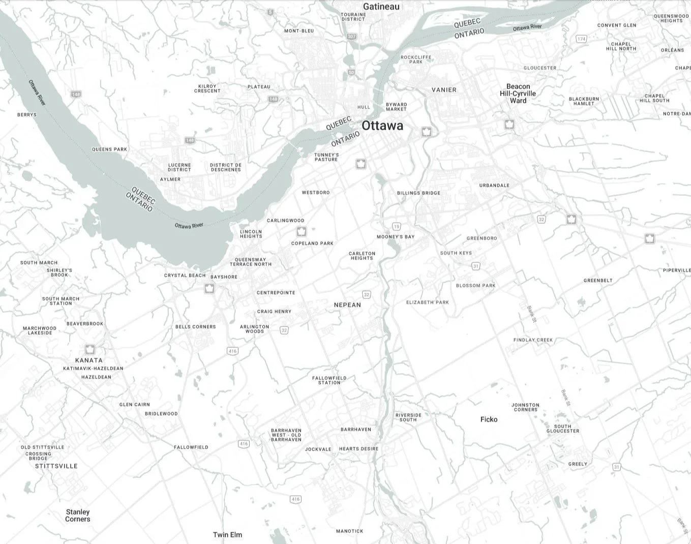 Map of Ottawa and surrounding area indicating Campbell's Woodcraft's service area.
