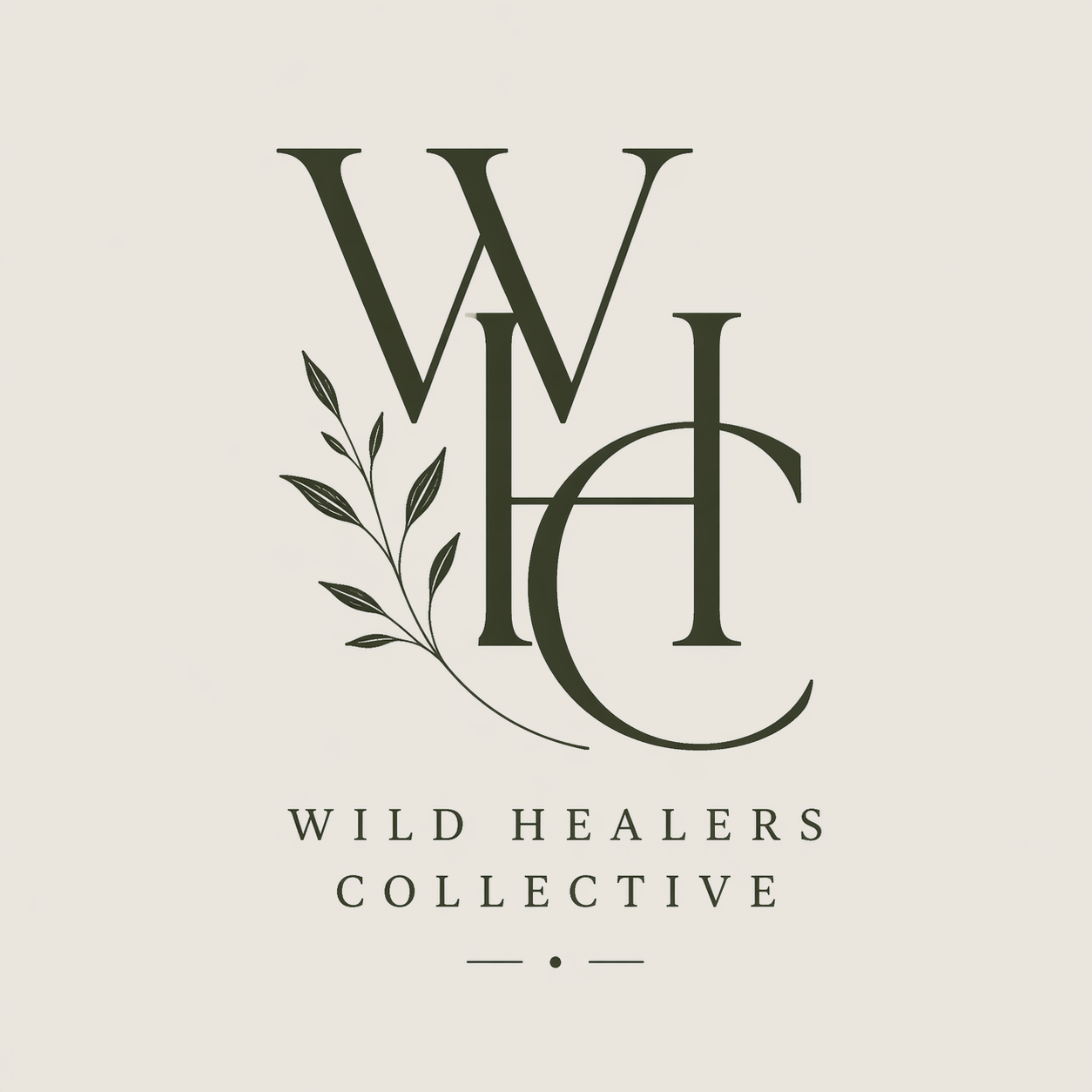 Logo with large intertwined letters 'W', 'H', and 'C', with a leaf branch on the left side, and text underneath that reads 'Wild Healers Collective'.
