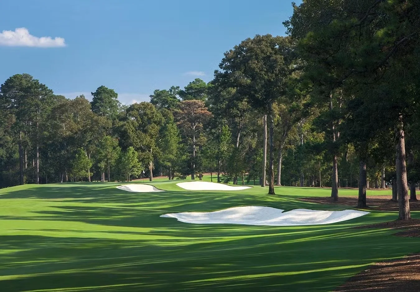 A golf course with sand bunkers, green grass, and tall trees under a blue sky with a few clouds.