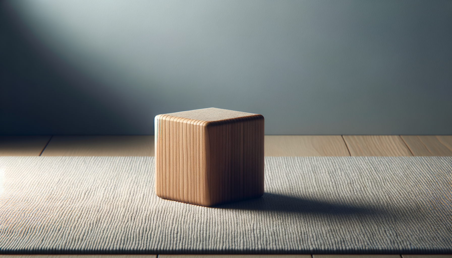 A wooden cube placed on a textured beige mat with sunlight casting a shadow, against a plain light-colored wall background.