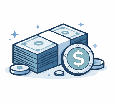 Cartoon illustration of a stack of money with coins and a dollar sign coin in front.