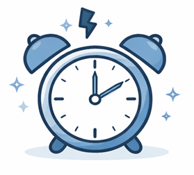 Blue alarm clock with bells and a lightning bolt symbol, surrounded by sparkles.