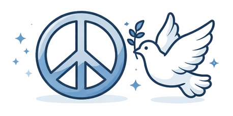Peace symbol with a dove holding an olive branch.