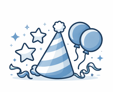 Blue party hat with white stripes, two blue balloons, and star-shaped decorations with sparkles and streamers.
