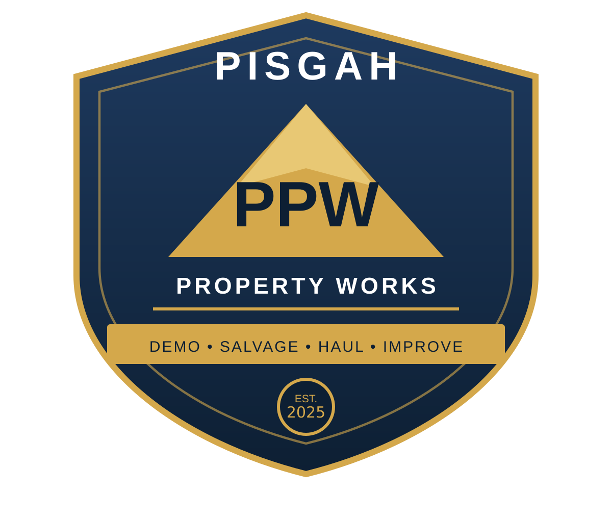 A shield-shaped logo for PISGAH PROPERTY WORKS with dark blue and gold colors. It features a gold triangle with PPW inside, and text indicating services like demo, salvage, haul, and improve. The establishment year is 2025.
