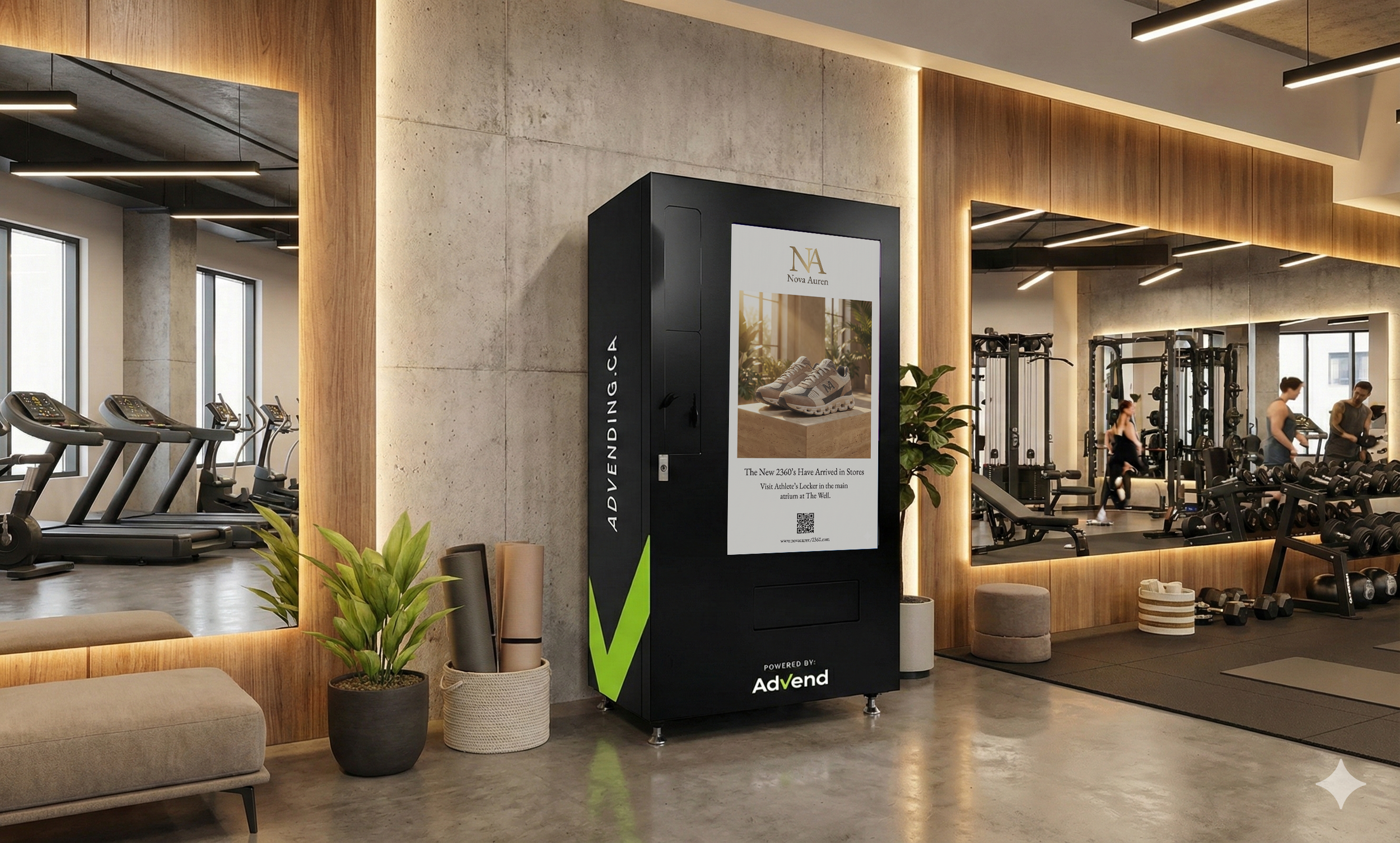 An Advend vending machine inside a modern looking health club. The machine is displaying a typical ad found on an Advend machine.