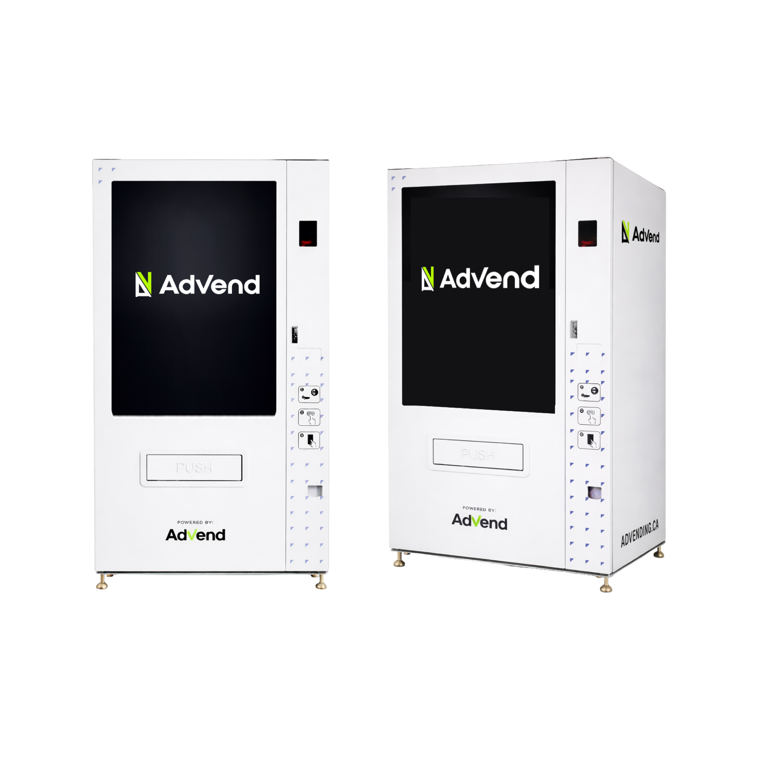 Two white Advend vending machines with digital screens displaying 'Advend' logo, each with a push button, card reader, and coin slot.