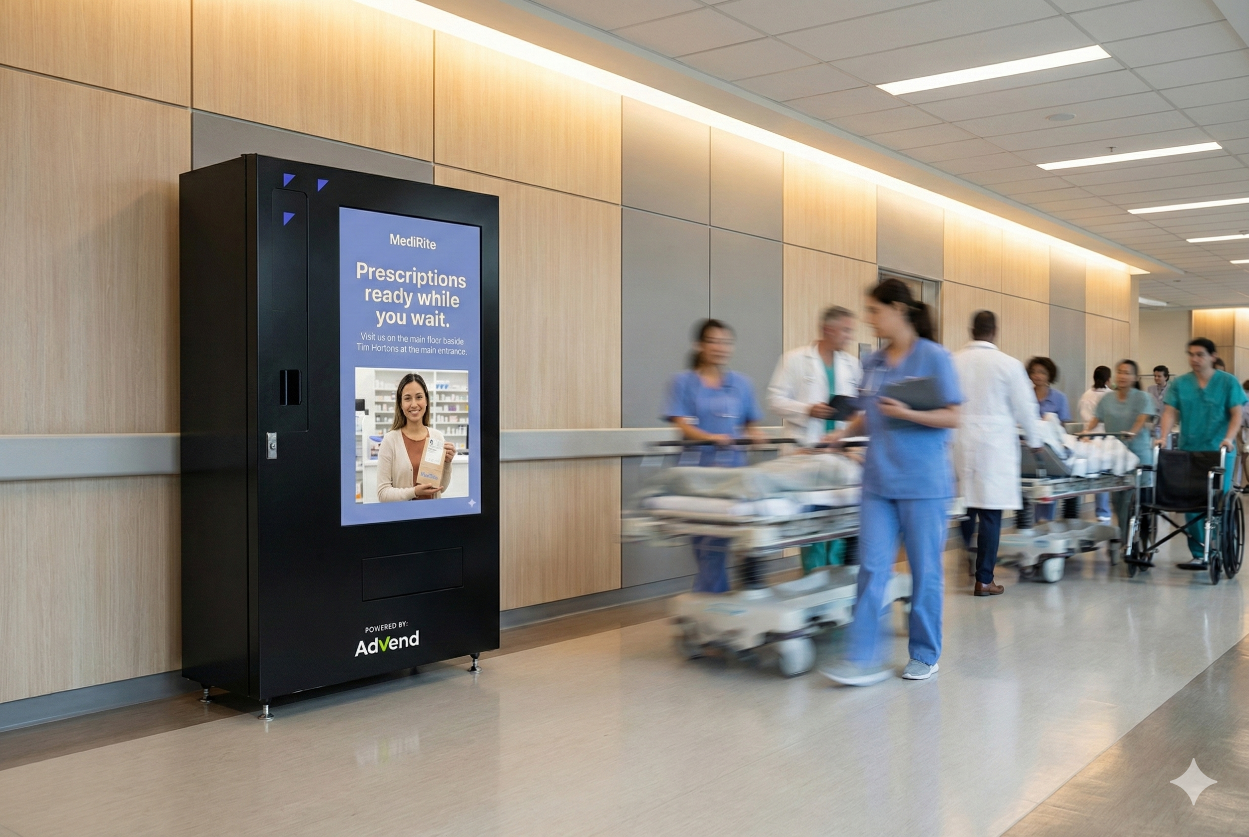 Hospital hallway with healthcare professionals and a digital advertising kiosk displaying prescriptions ready message.
