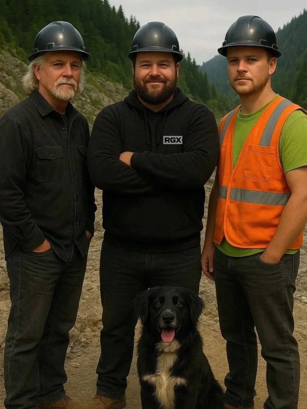 Three RGX team members wearing safety helmets with a black dog, standing outdoors with forested mountains in the background.