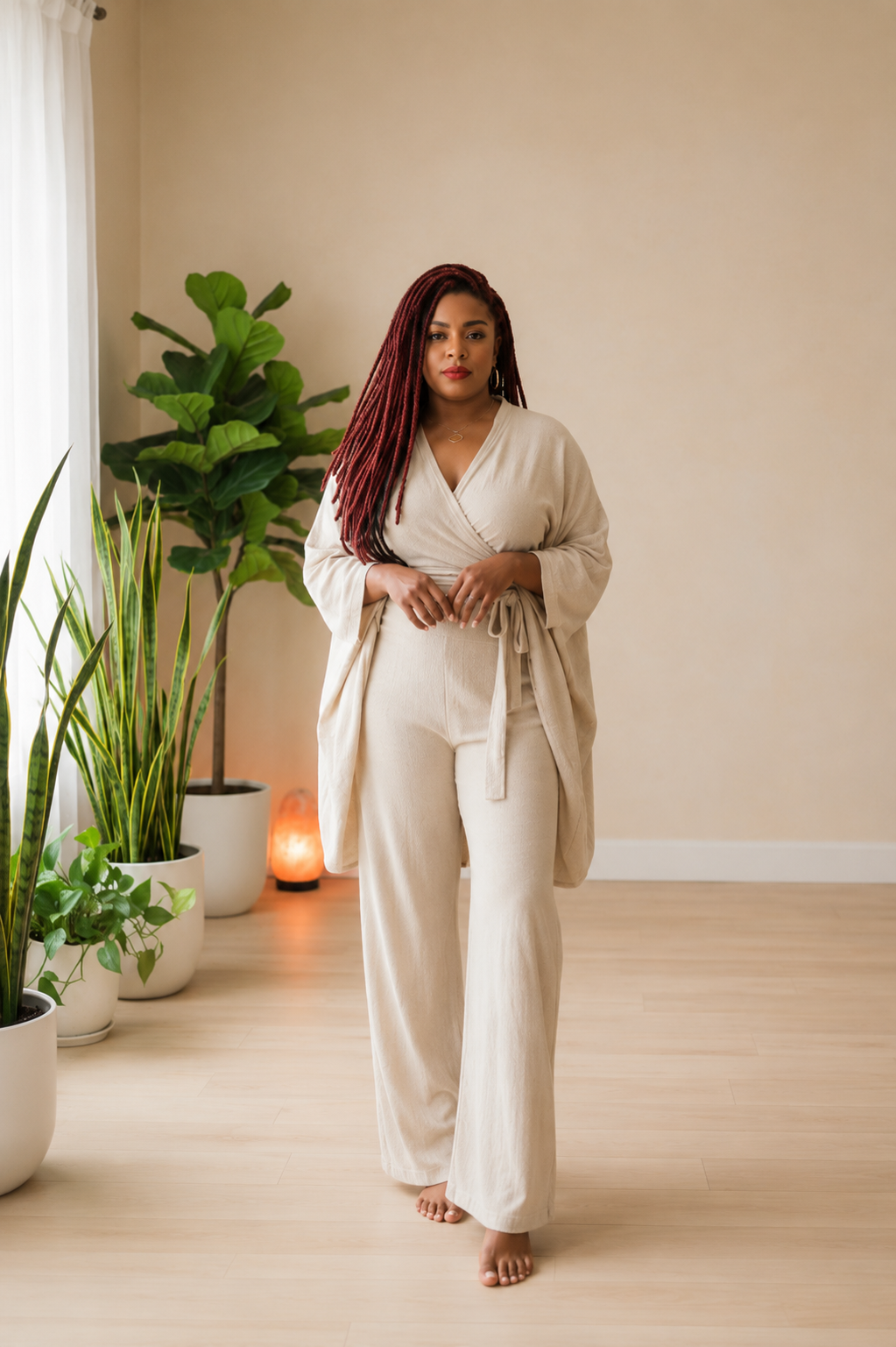 Woman with red braids wearing a beige wrap top and matching pants standing in a room with potted plants.