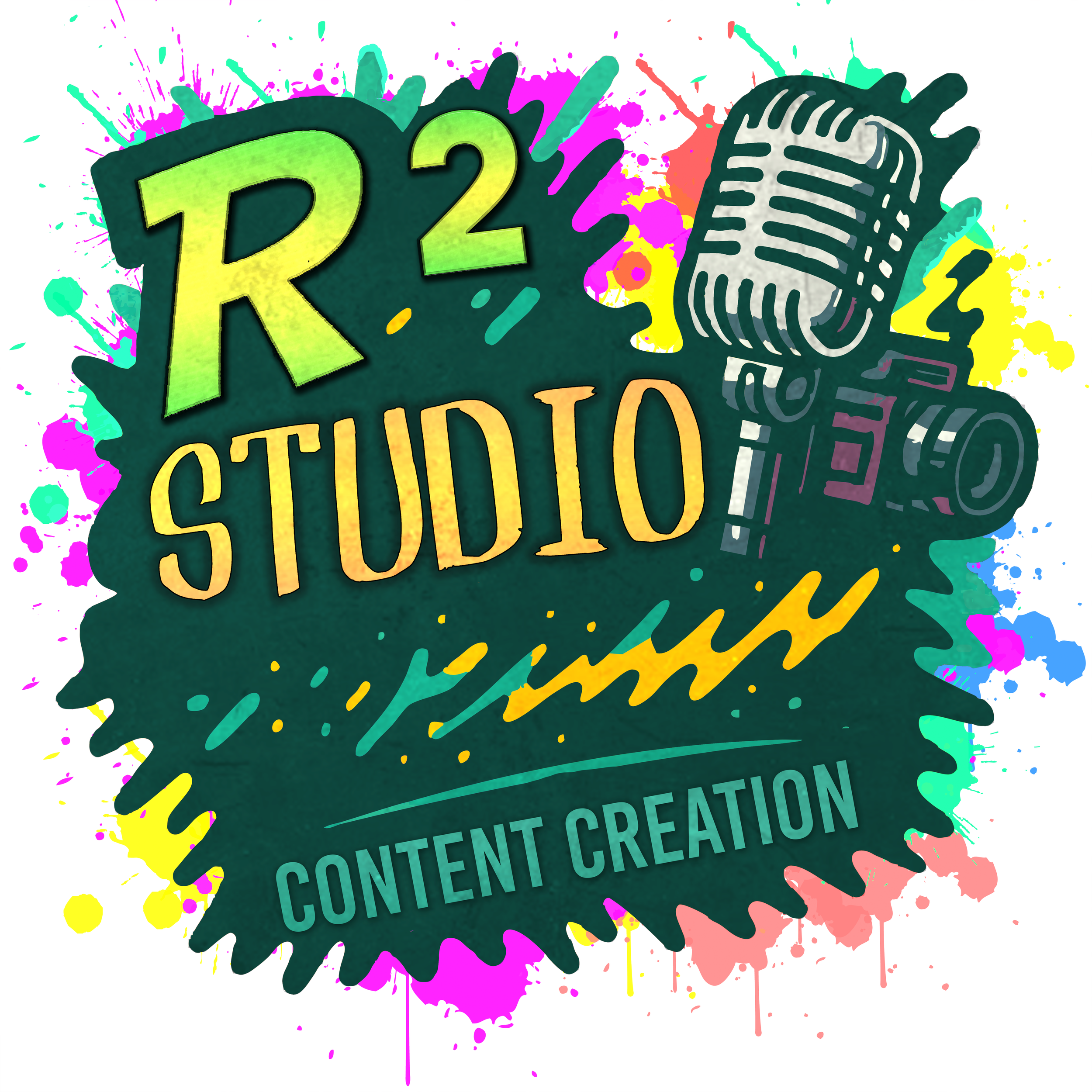 Colorful logo for R2 Studio, featuring a microphone and paint splatter design, with text reading 'R2 Studio' and 'Content Creation'.