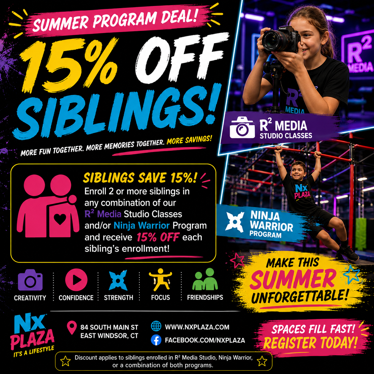 Bright colorful advertisement for summer program deal at Nx Plaza, offering 15% off sibling enrollments in R2 Media Studio Classes and Ninja Warrior Program, featuring images of children engaging in photography and ninja activities.