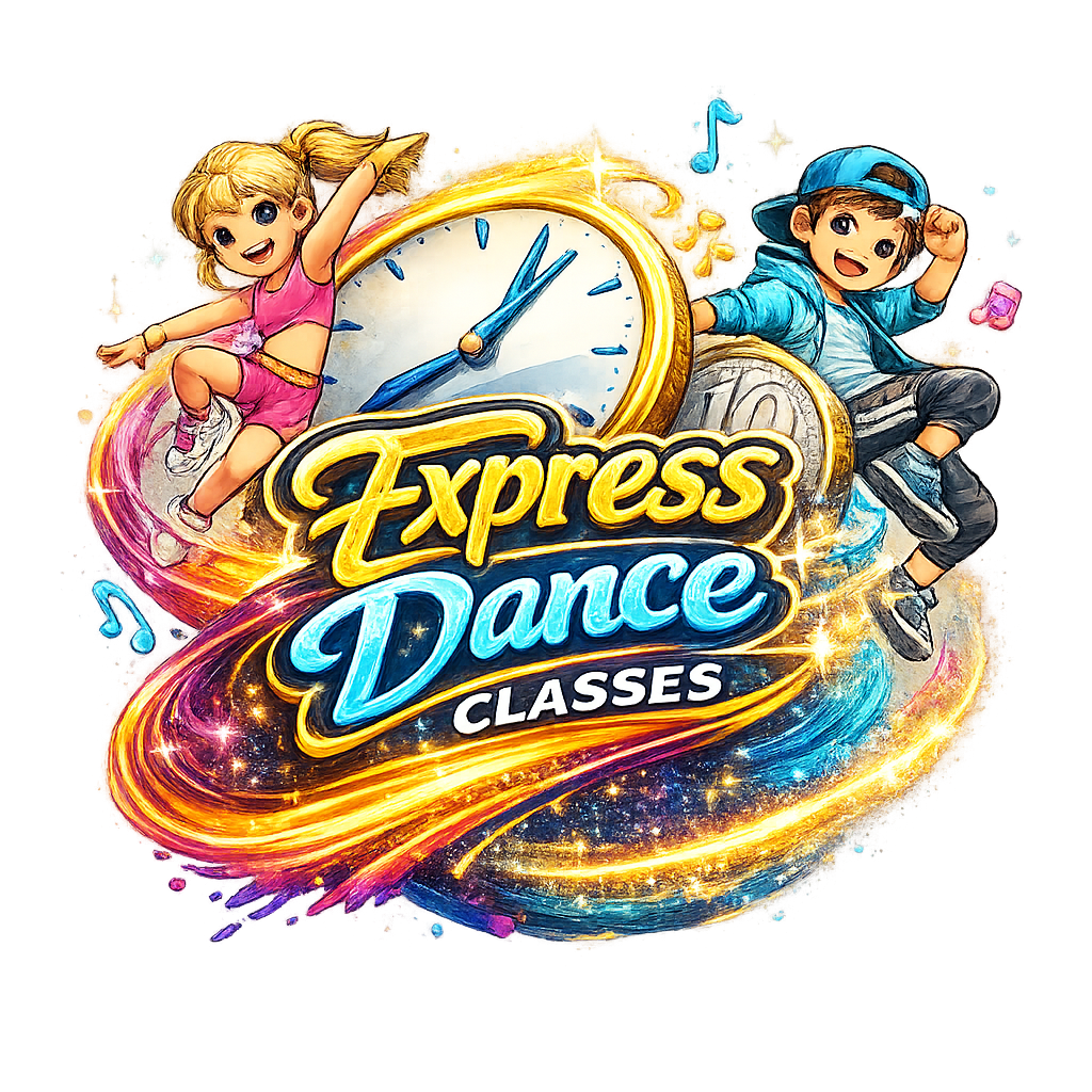 Colorful logo for 'Express Dance Classes' featuring a girl in pink dance attire and a boy in casual clothes, surrounded by a swirling shimmer and a clock.