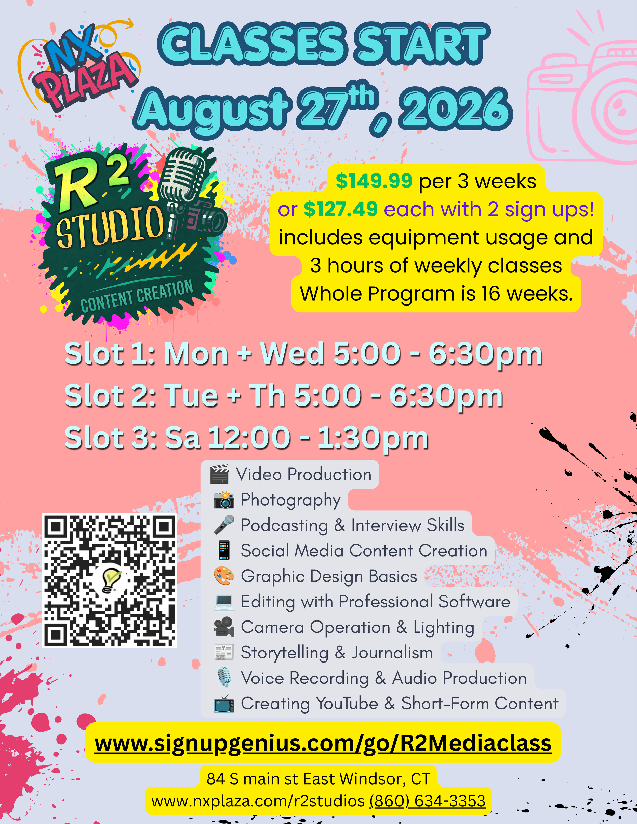 Poster advertising an R2 Studio content creation class starting August 27th, 2026, with details about pricing, schedule, and topics covered, including video production, photography, podcasting, social media, graphic design, editing, camera work, storytelling, voice recording, and YouTube content creation. Contains QR codes, website links, and contact information.