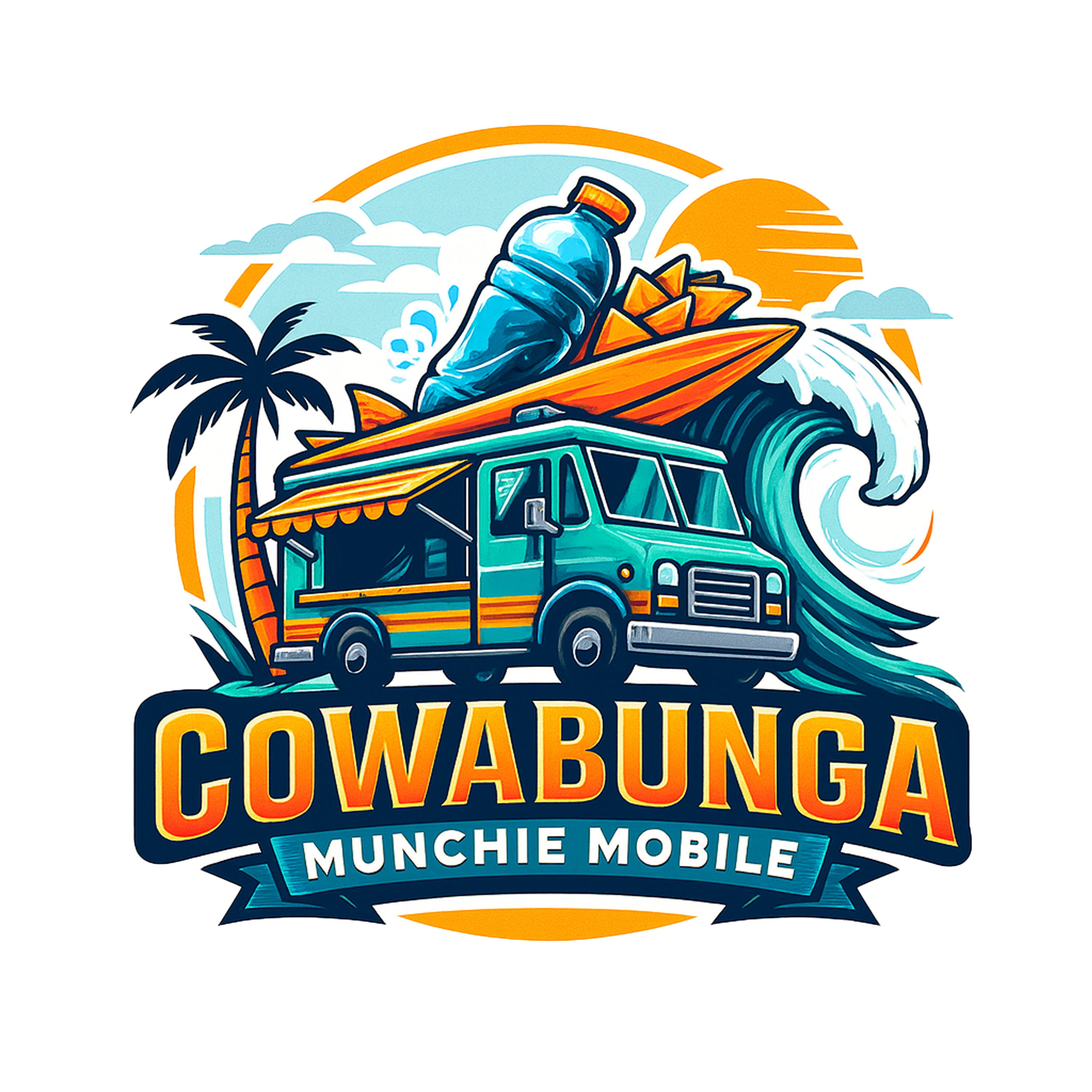 Colorful illustration of a food truck with a surfboard, a bottle, and triangles on top, set against a tropical scene with a palm tree, ocean waves, and the sun. The text reads 'COWABUNGA MUNCHIE MOBILE.'