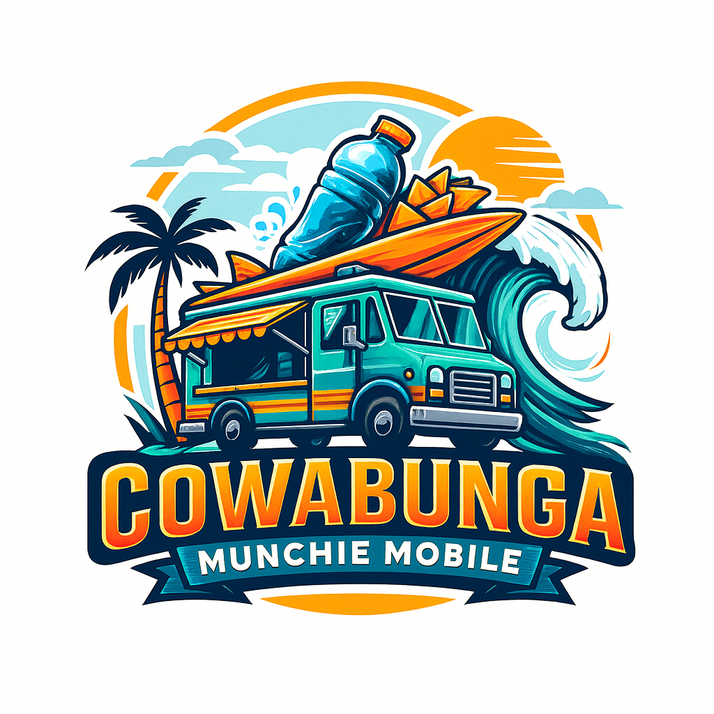 Colorful illustration of a food truck with a surfboard on top, a water bottle, and snacks. A palm tree, waves, and a setting sun in the background. Text reads 'Cowabunga Munchie Mobile'.