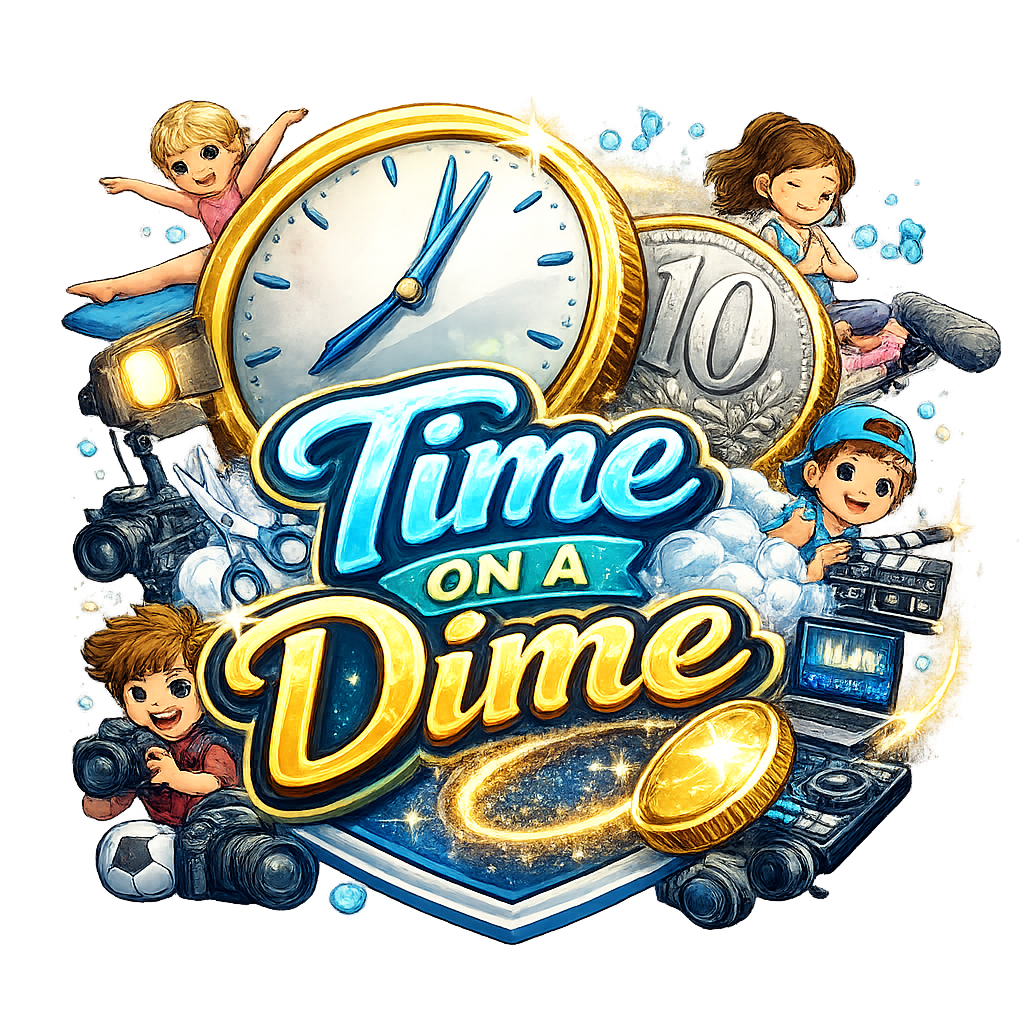 Children playing with clocks, cameras, a soccer ball, and a vintage radio surrounding the text 'Time on a Dime' on a colorful, animated background.