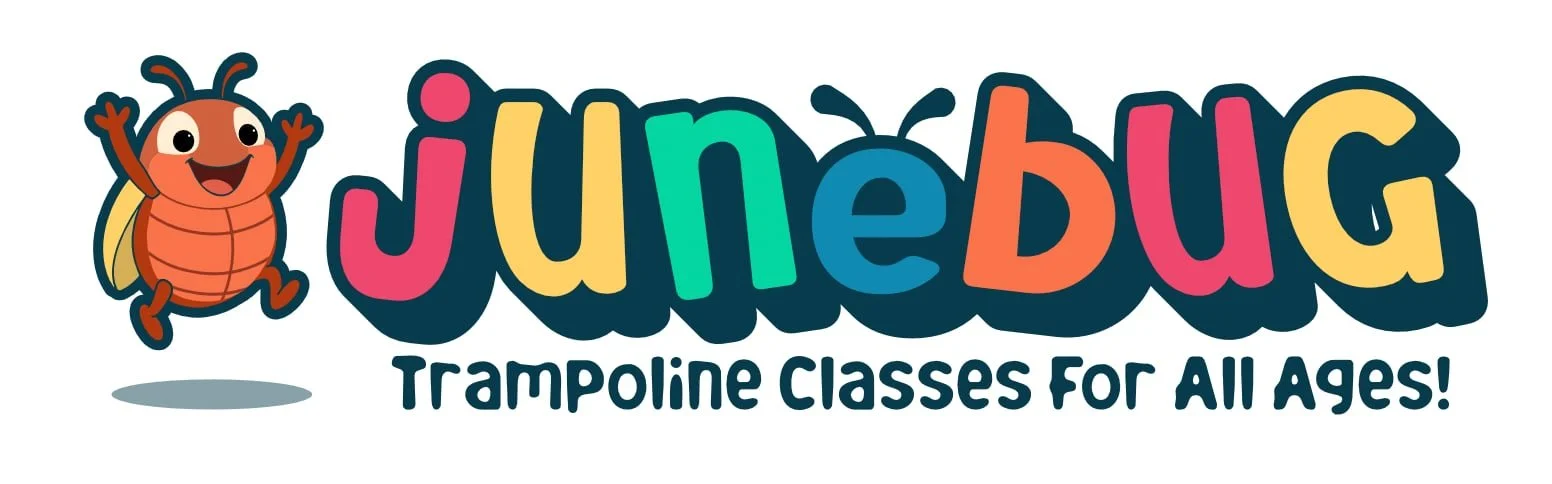 Colorful logo for JumbleBug Trampoline Classes for All Ages featuring a jumping cartoon ladybug with a rainbow-colored text.