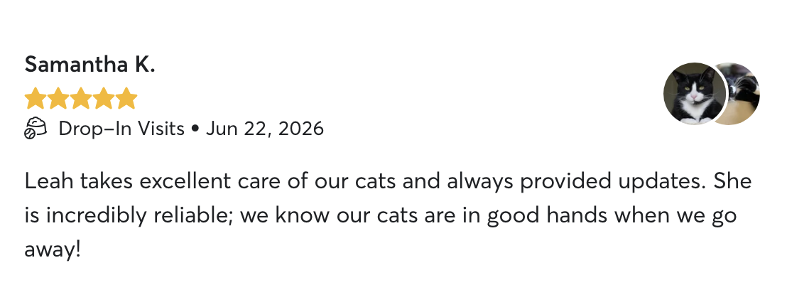 Review for Leah on a pet care platform, with five stars, indicating excellent service. The review mentions Leah's reliable care for cats and updates, dated June 22, 2026.