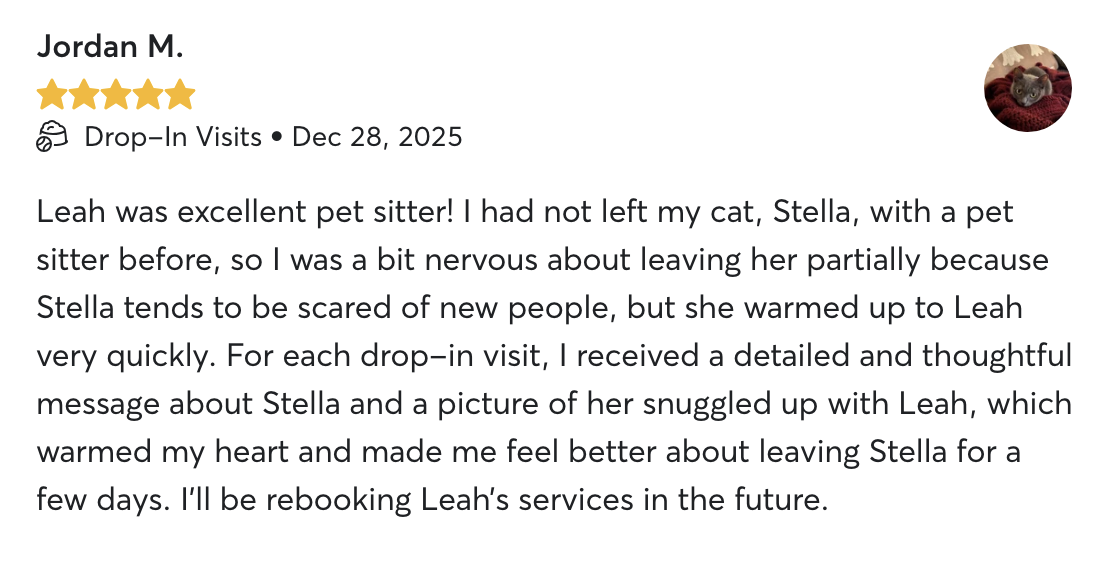 Customer review for Leah's pet sitting services, 5-star rating, with a small profile picture of a gray cat on a red blanket.