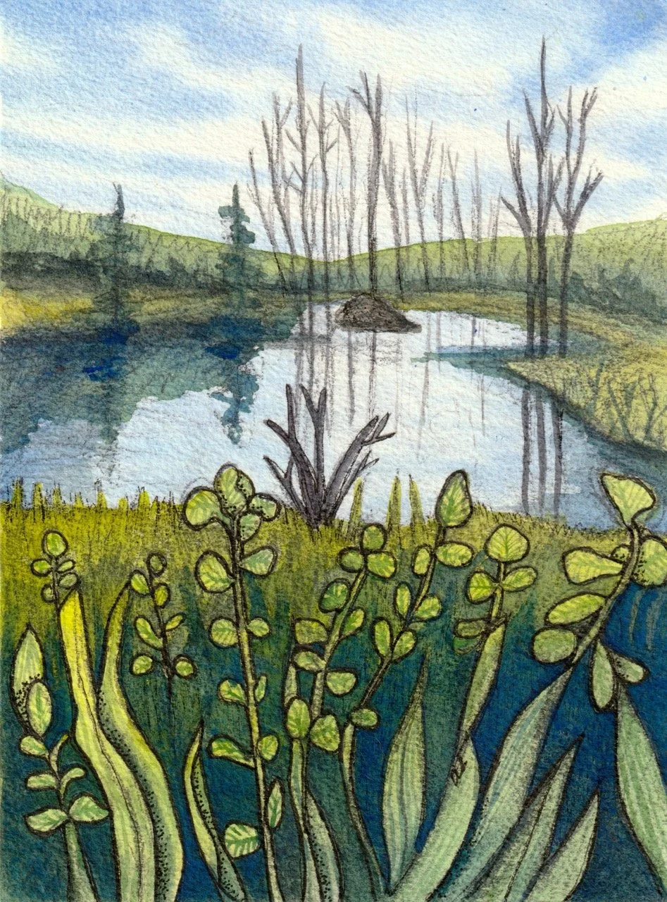 Watercolor landscape with a pond reflecting trees, green rolling hills, and a blue sky with wispy clouds; foreground features green plants and foliage.