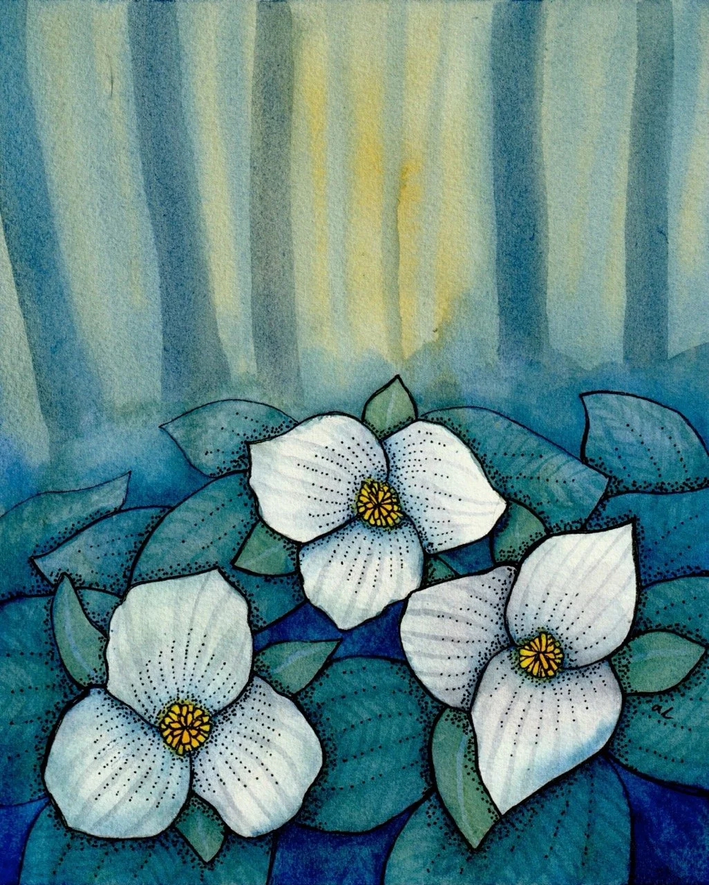 Watercolor painting of three white flowers with yellow centers and green leaves against a background of vertical blue and yellow strokes.