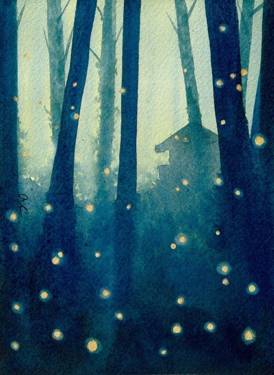 Watercolor painting of a forest scene with tall trees, glowing orbs of firefly light, and a house silhouette in the background, using shades of blue and green.
