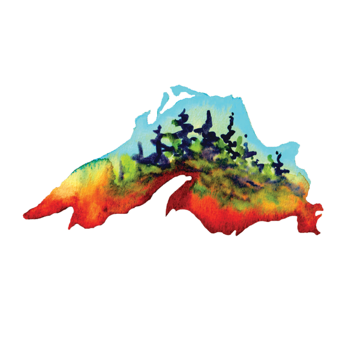 Watercolor painting of a forest, land, and sky inside the shape of Lake Superior using vibrant colors including red, orange, yellow, green, and blue.