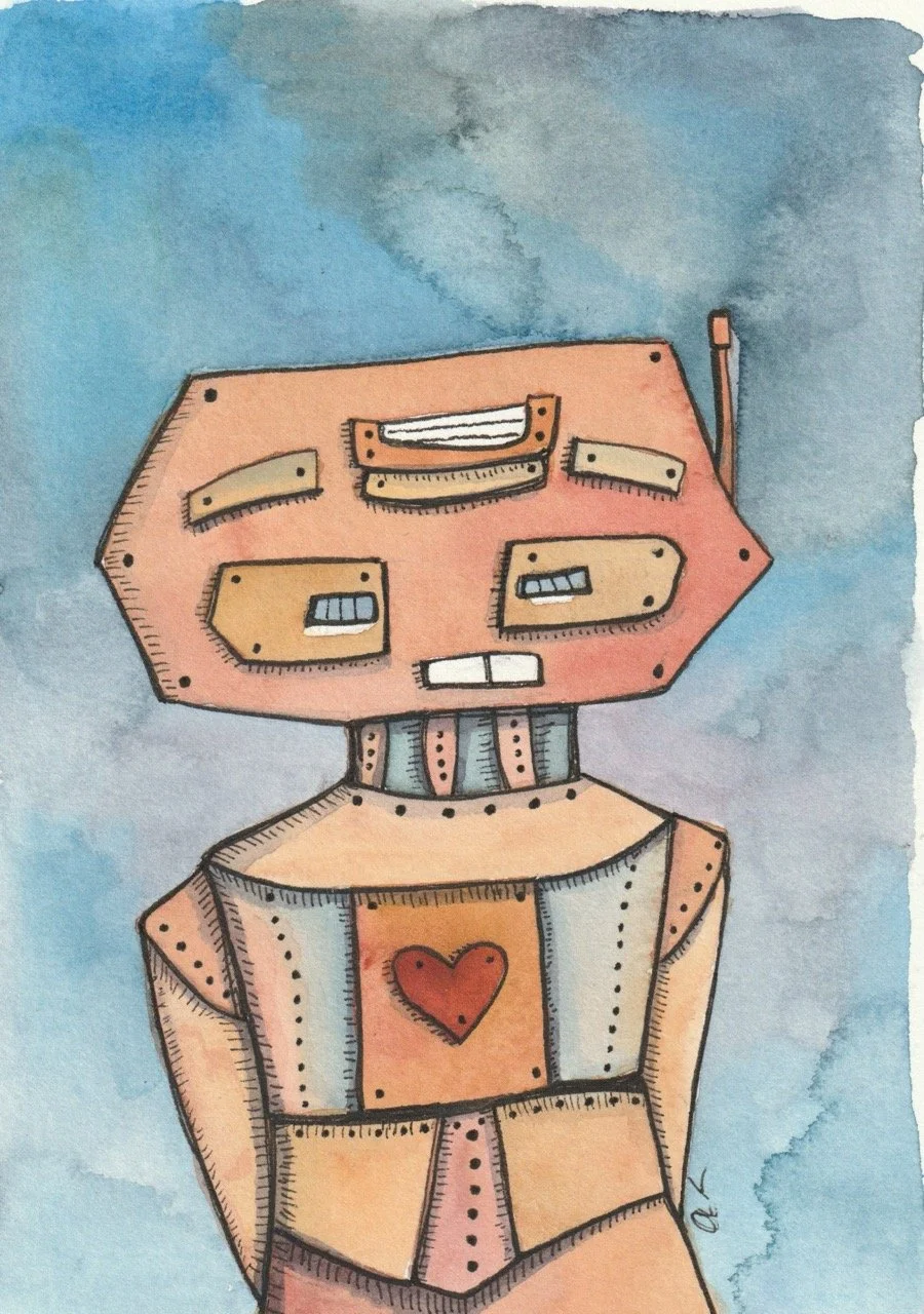 A watercolor painting of a robot with a pinkish-orange head and body, with a small red heart on its chest, set against a blue background.