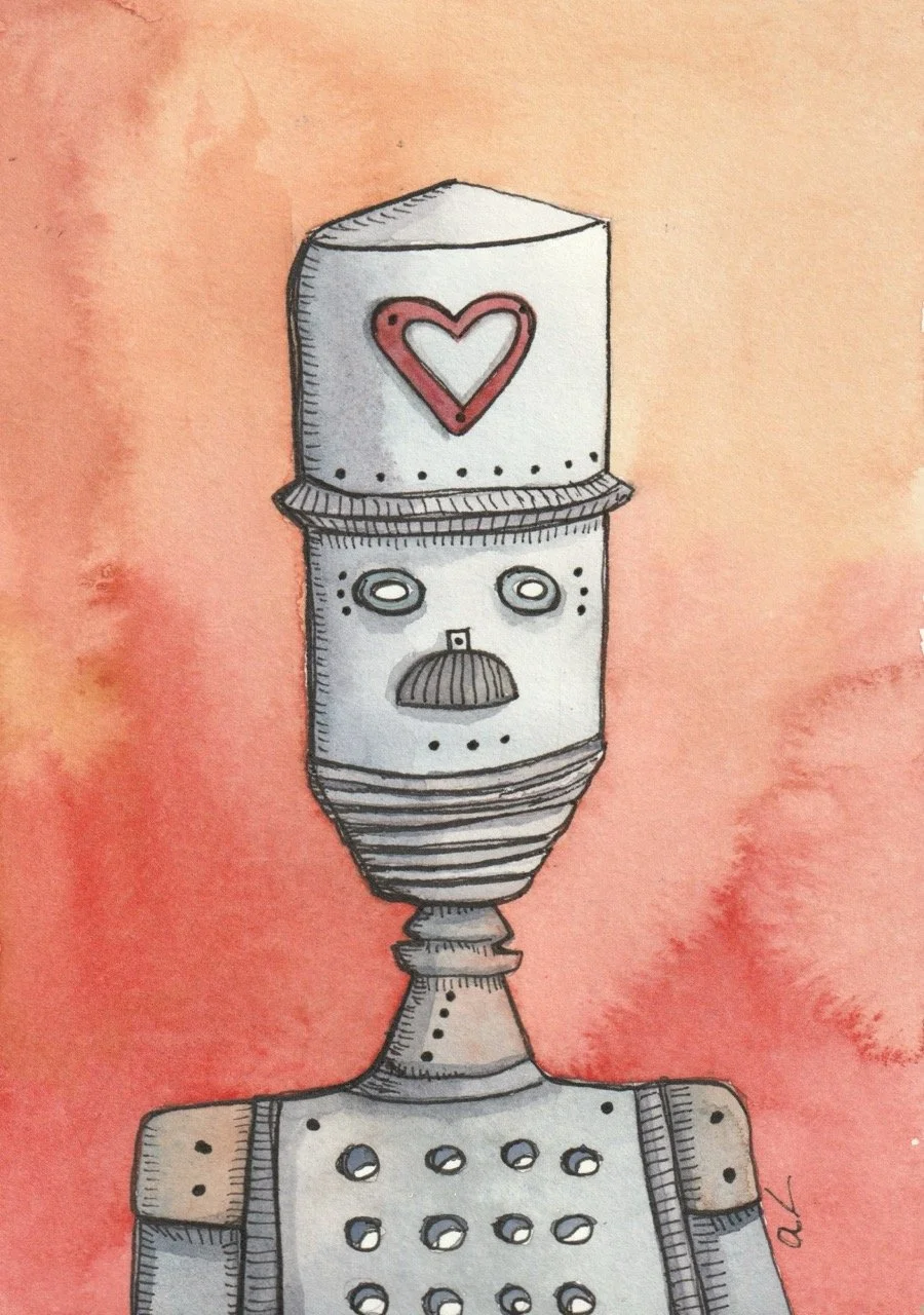 Watercolor illustration of a robot with a heart symbol on its head, featuring a metallic body, circular eyes, and a mustache-like mouth against a pink background.