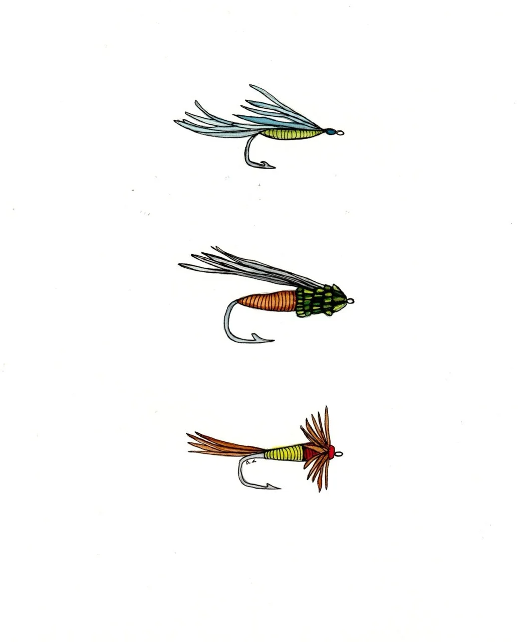 Three different types of fishing flies arranged vertically on a white background.
