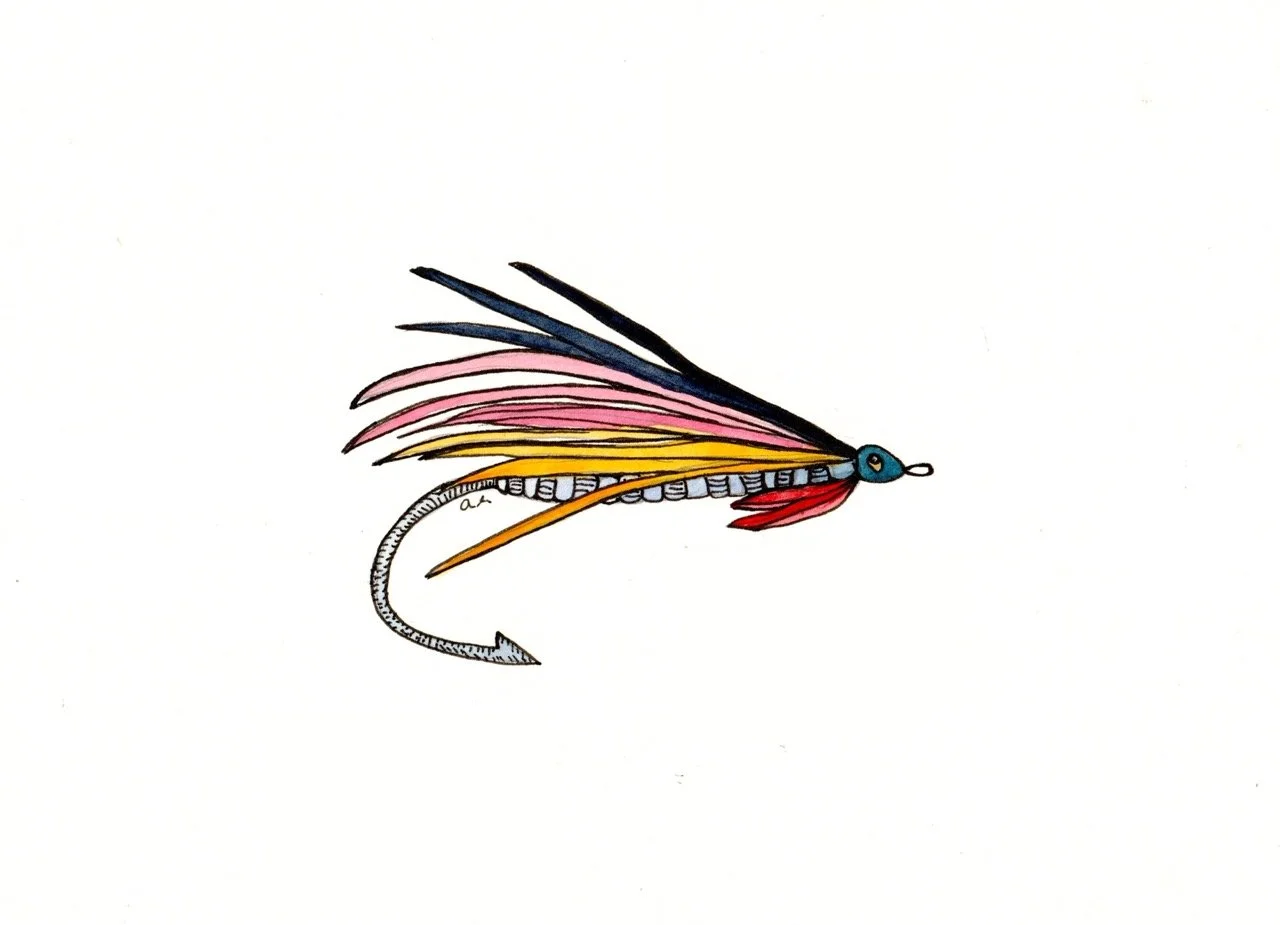 A colorful drawing of a fishing fly with pink, yellow, and black wings, a blue head, red eyes, and a striped tail.