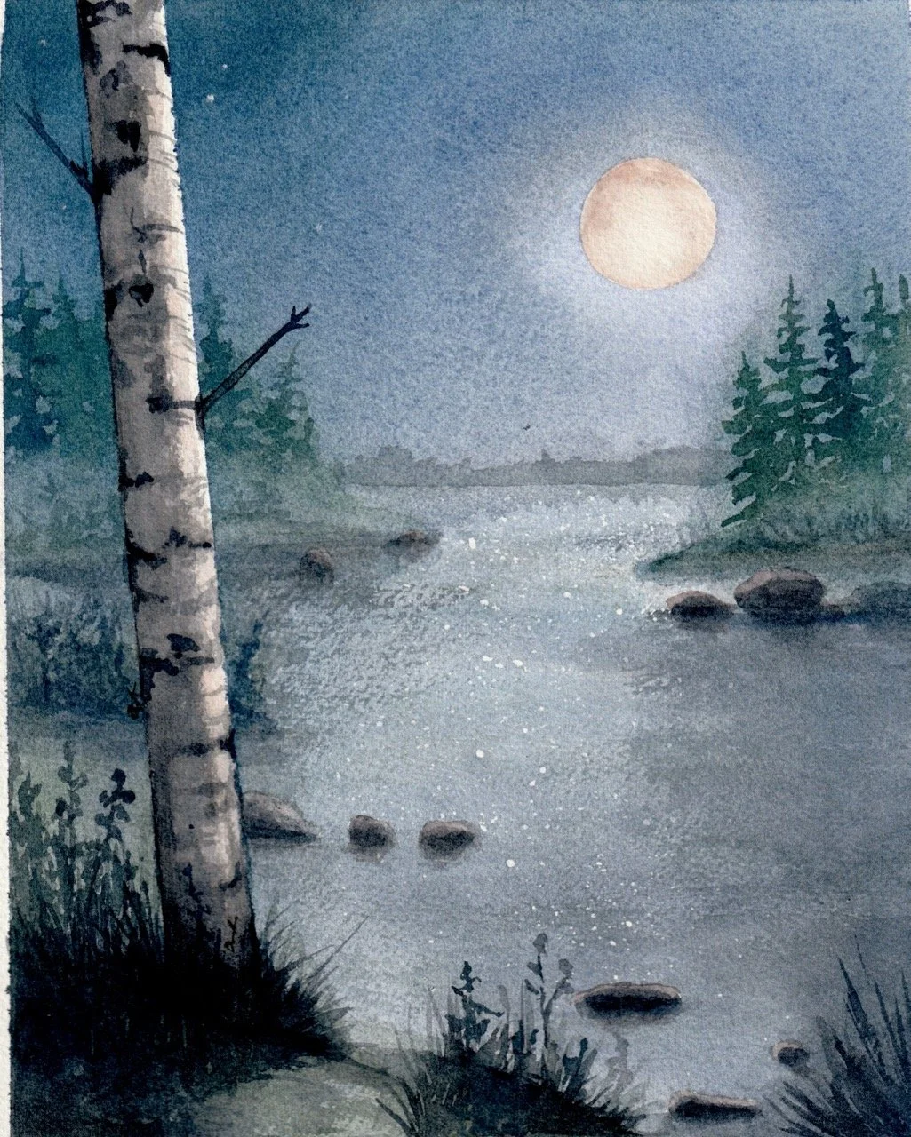 A watercolor painting of a night scene featuring a river under a bright full moon, with pine trees on the horizon and a birch tree on the left side.