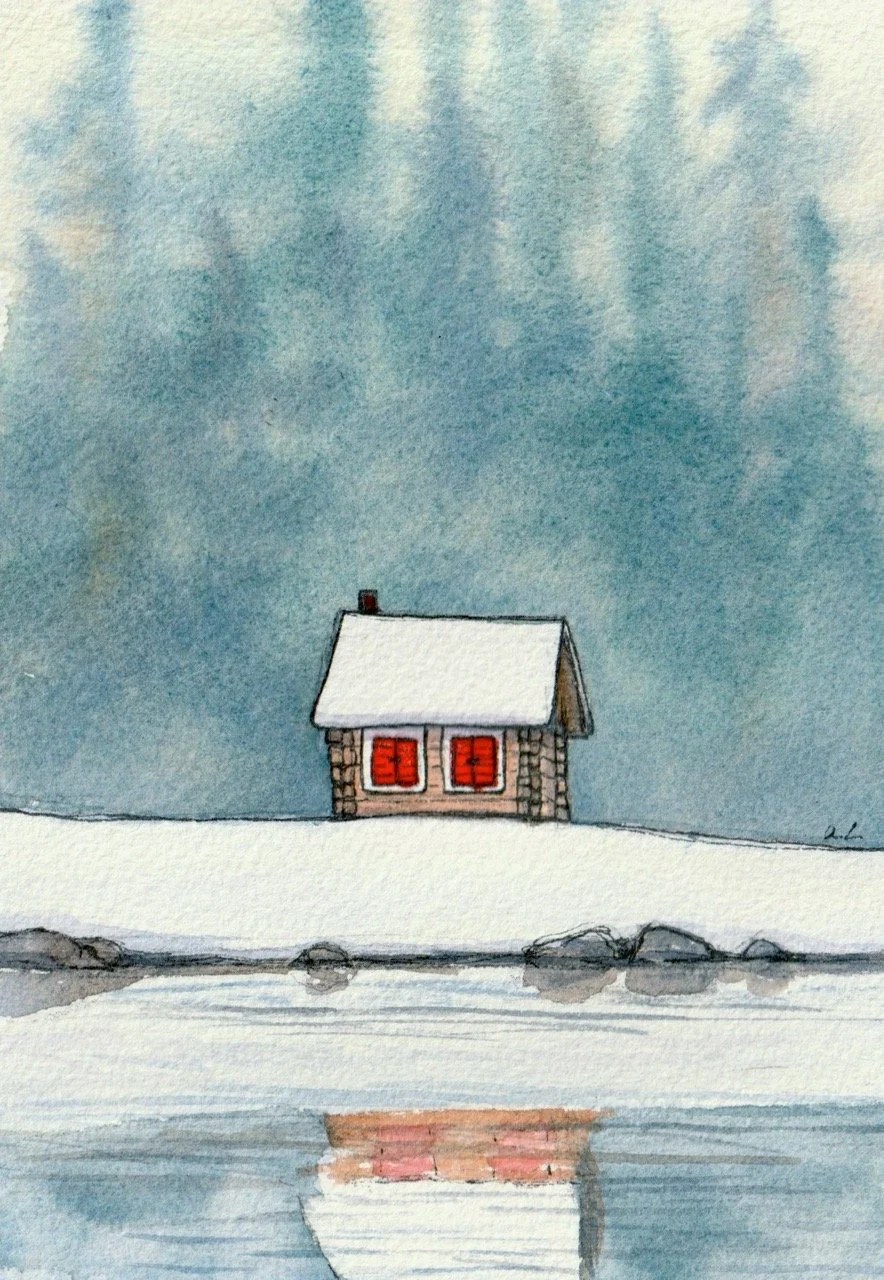 A watercolor painting of a small house with red windows, located on snow-covered ground, with a reflection in a body of water in the foreground. The sky is painted in shades of blue and gray.